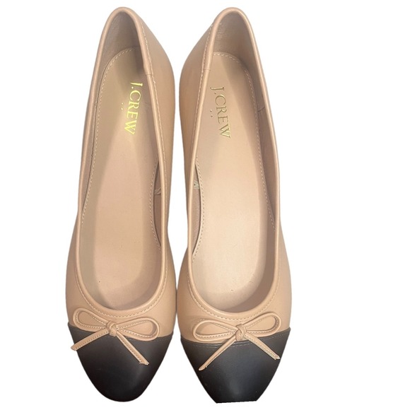 NWOT J. Crew Womens Ballet Flats Cap Toe Bow Accent Tan Black Leather Shoes Sz 9 - Picture 1 of 8